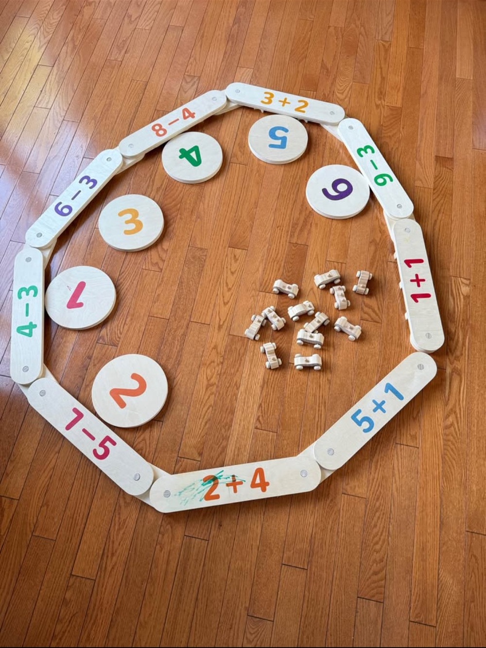 Wooden Balance Beam and Stepping Stones Natural with Multicolor Numbers and cars